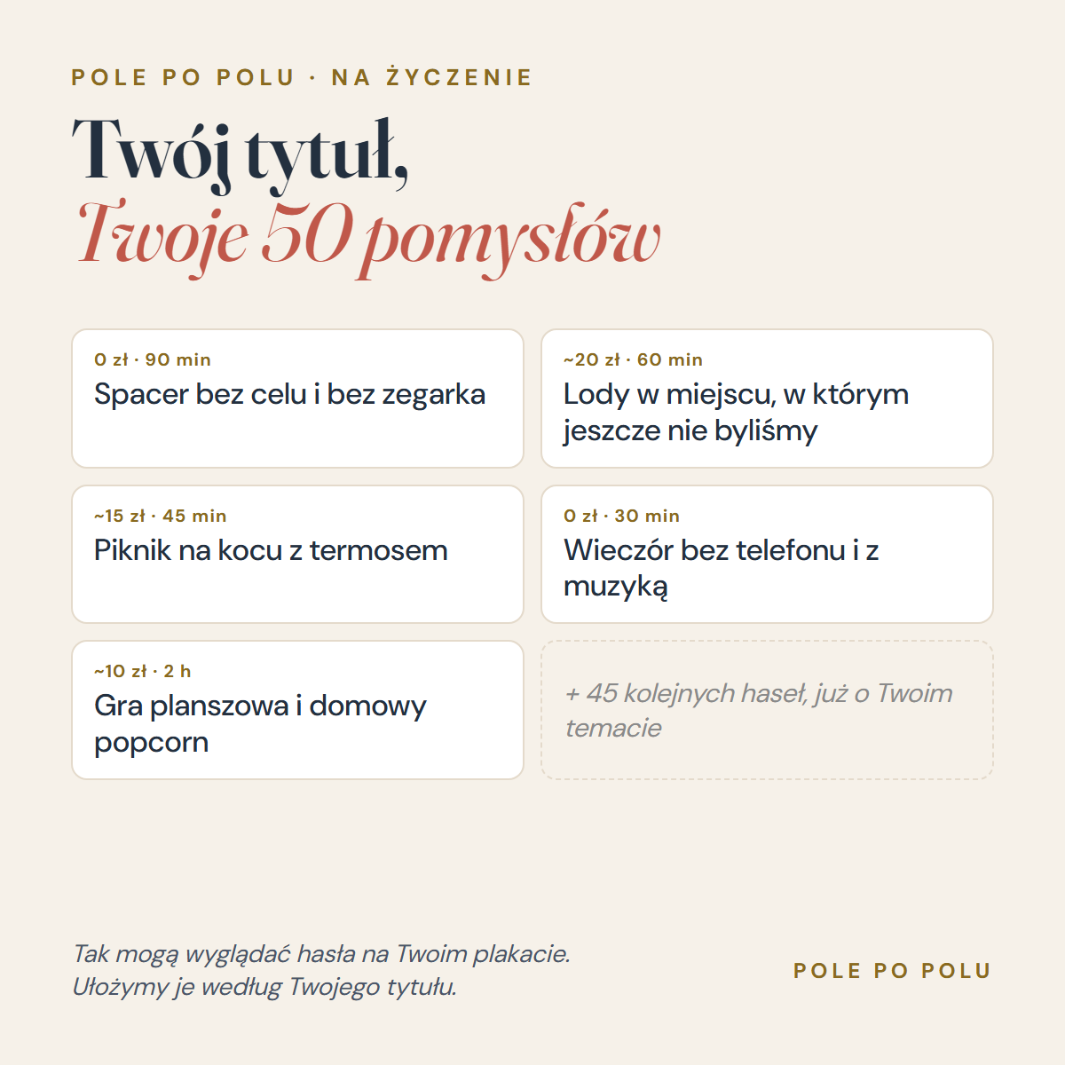 Plakat na życzenie: tytuł i pięć przykładowych haseł