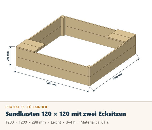 Sandkasten selber bauen: Bauplan 120 × 120 cm mit zwei Ecksitzen