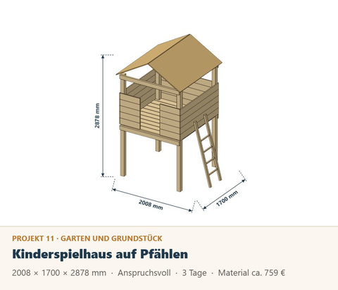 Spielhaus auf Pfählen selber bauen: Bauplan mit Leiter und Platz für eine Rutsche
