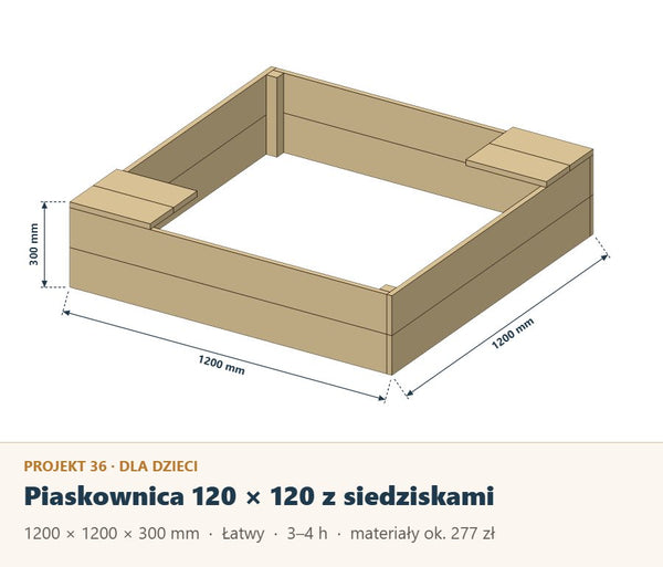 Piaskownica z siedziskami 120 × 120 cm: plan z listą materiałów