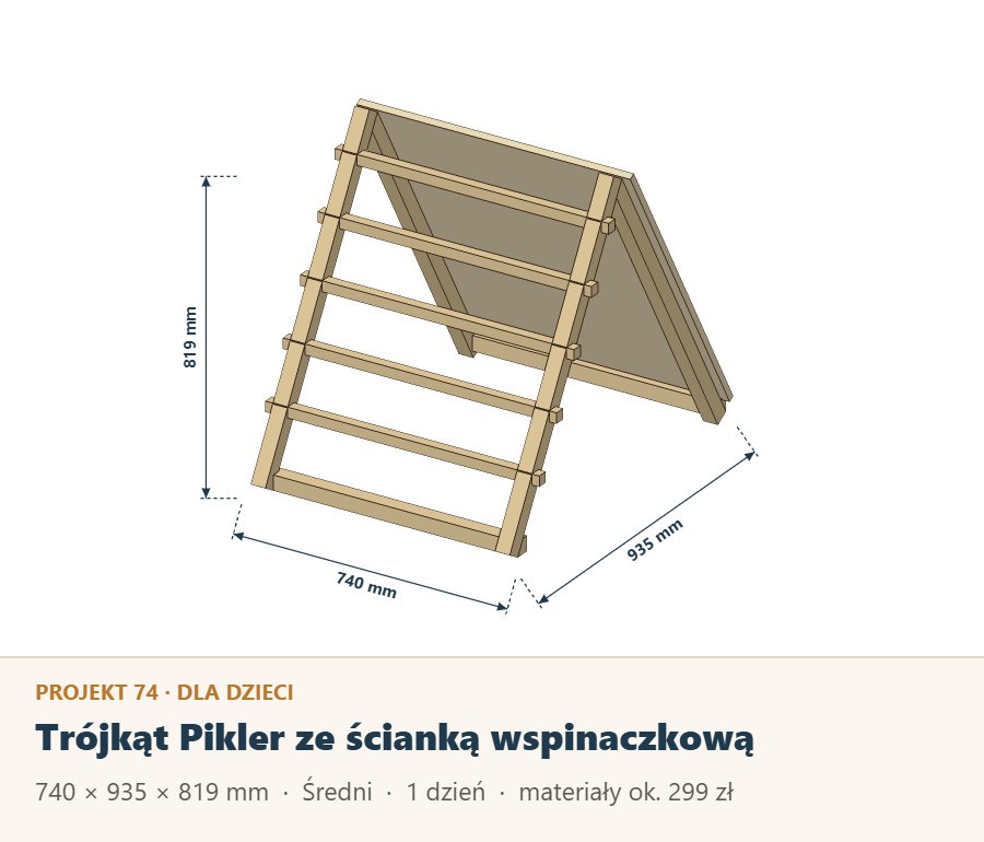 Trójkąt Pikler ze szczeblami i ścianką wspinaczkową ze sklejki, rysunek z wymiarami