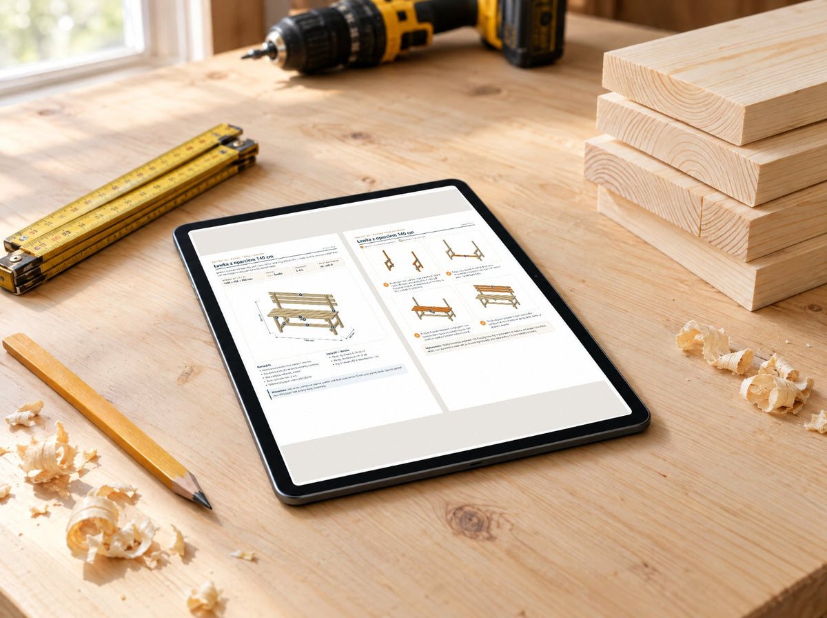 Tablet na stole warsztatowym z otwartym planem ławki z oparciem