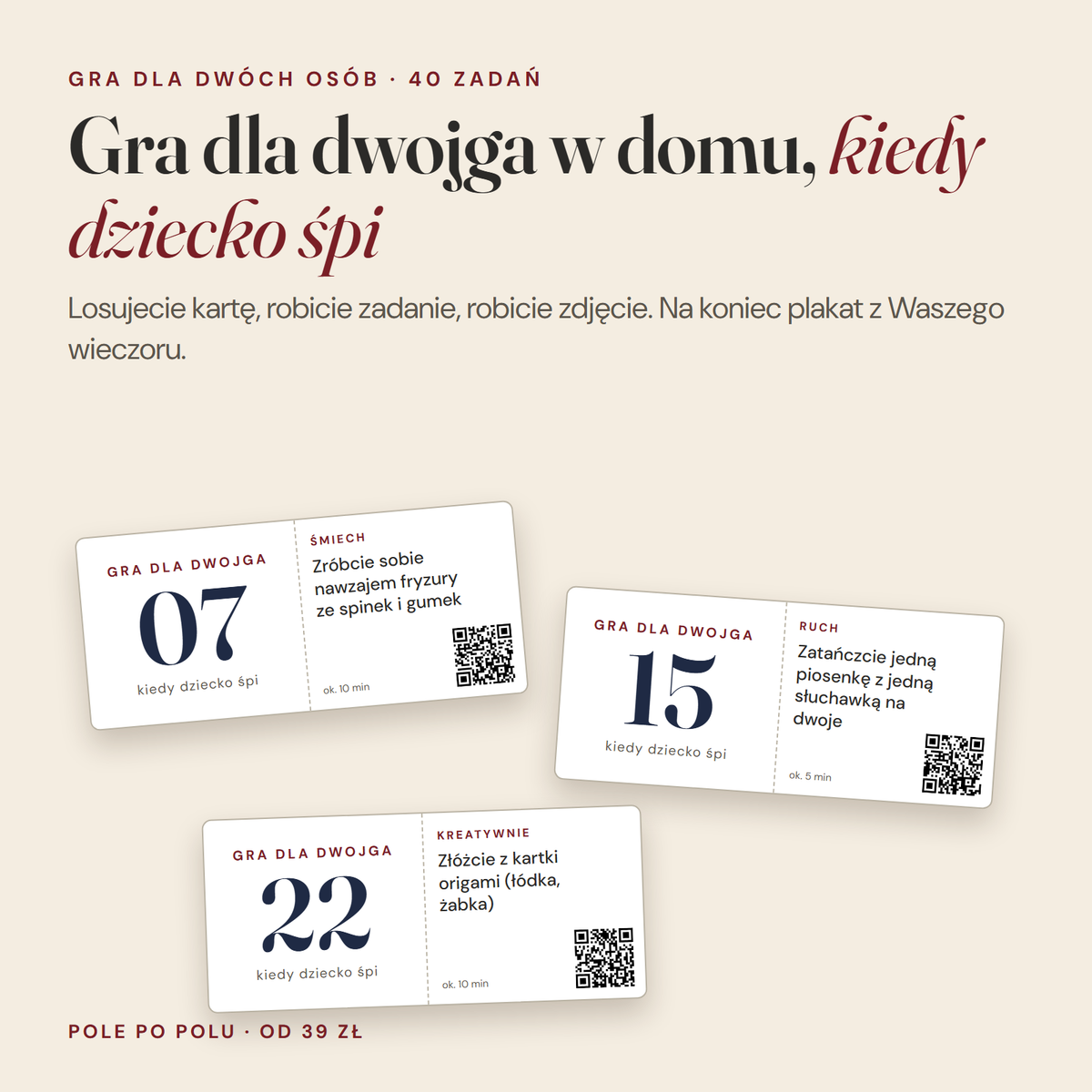 Gra dla dwojga w domu, kiedy dziecko śpi: trzy karty zadań z kodami QR
