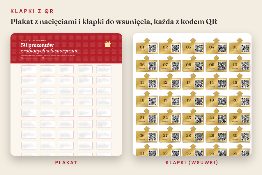 Klapki z QR: plakat z nacięciami i klapki do wsunięcia, każda z kodem QR