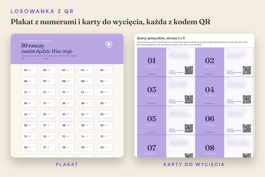 Losowanka z QR: plakat z numerami i karty do wycięcia, każda z kodem QR