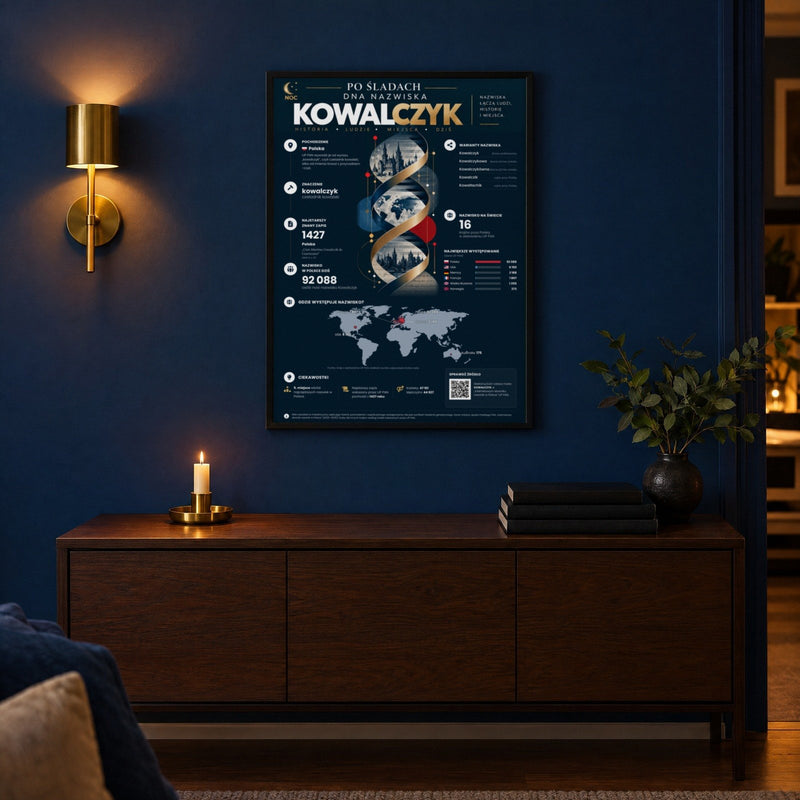 Plakat DNA nazwiska Kowalczyk w stylu NIGHT