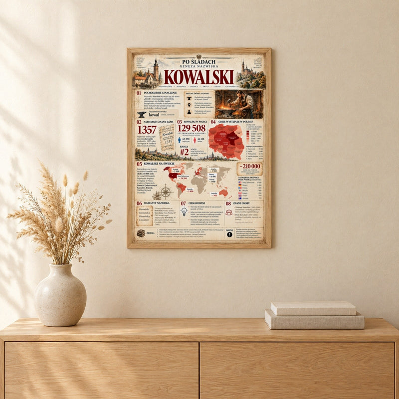 Plakat Geneza nazwiska Kowalski w ramie na ścianie