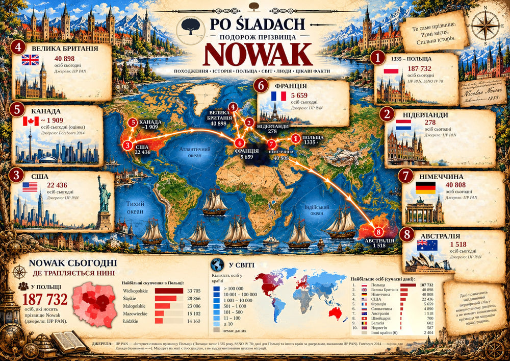 Plakat Podróż nazwiska Nowak, wersja językowa: uk