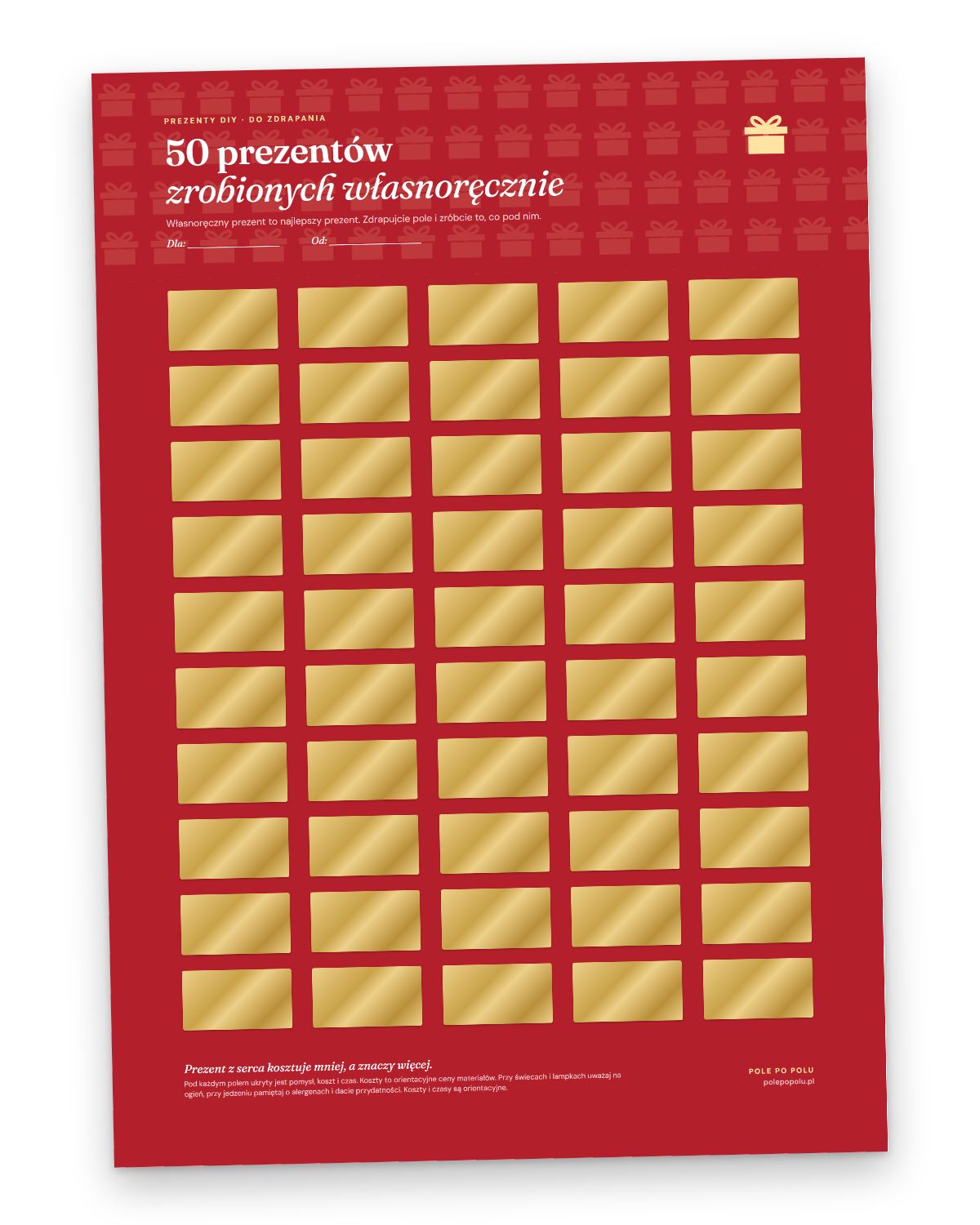Plakat zdrapka A3: 50 prezentów zrobionych własnoręcznie, cały plakat ze złotymi zdrapkami